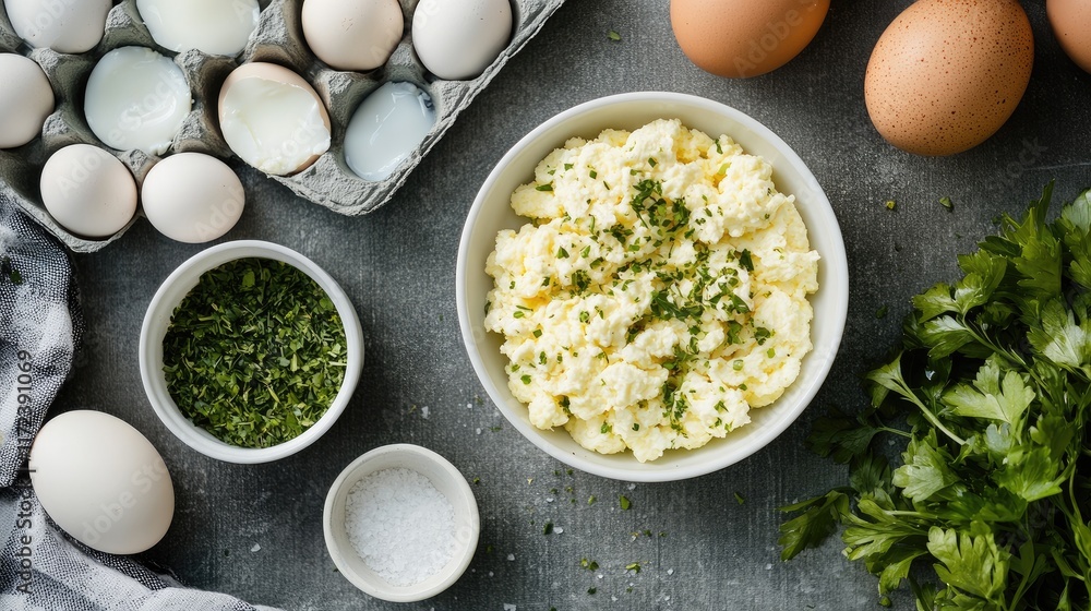 Poster overhead view of fresh ingredients for making flavorful herbed scrambled eggs with eggs and garnishe