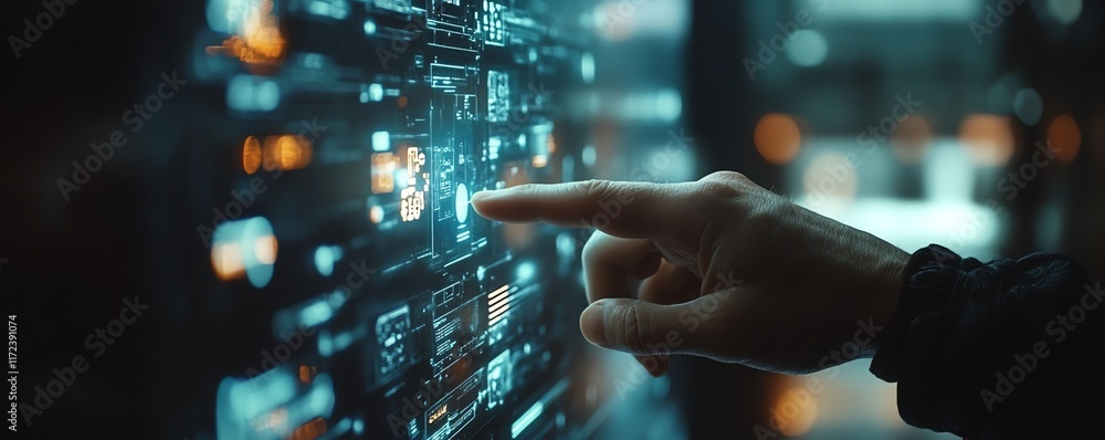 Aufkleber closeup of a persons hand pointing at a digital interface, focusing on the interaction between human