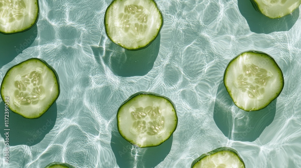 Aufkleber fresh cucumber slices floating on water surface creating a refreshing summer vibe perfect for health