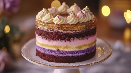 Elegant multi layer cake with chocolate ganache whipped cream decoration and shimmering gold mirror glaze for special occasions