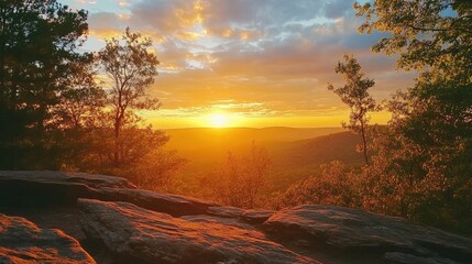 Fototapeta premium Breathtaking sunrise over serene landscape highlighting nature's beauty and tranquility in a picturesque outdoor setting.