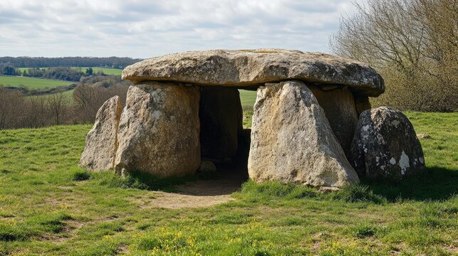 Ancient Neolithic stone sanctuary with large dolmen in lush green landscape under a cloudy sky showcasing historical architecture.