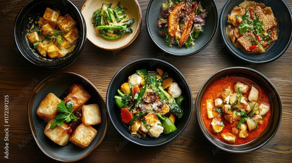 Aufkleber assorted colorful vegetable dishes in bowls arranged on a rustic wooden countertop for a vibrant cul