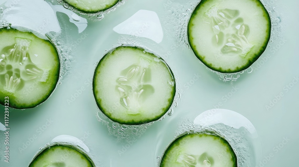 Poster Sliced cucumbers floating in water with bubbles creating a refreshing and vibrant culinary background.