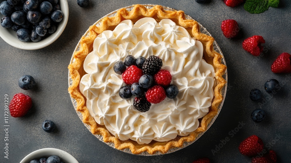 Poster Overhead view of pie topped with whipped cream and fresh assorted berries on a dark background with berries scattered around