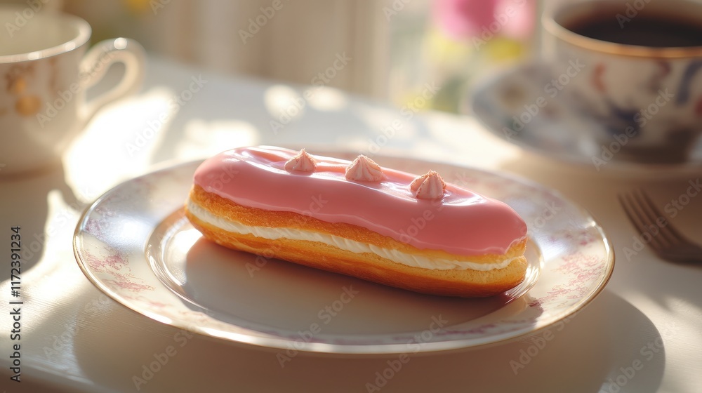 Poster pink eclair on a delicate plate with morning light highlighting its features in a cozy breakfast set