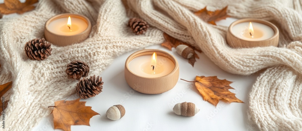Poster cozy autumn scene with burning candles pine cones leaves and soft scarf on bright background creatin