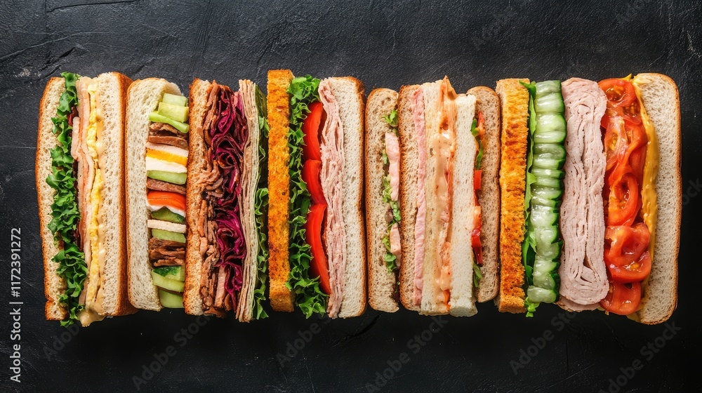 Poster overhead view of assorted gourmet sandwiches with fresh vegetables and meats on a dark surface