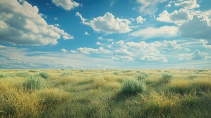 Obraz premium Expansive summer steppe landscape with vibrant grass against a blue sky dotted with fluffy clouds showcasing natural beauty and tranquility.