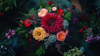 Vibrant overhead floral arrangement featuring a variety of colorful blooms and lush greenery in a natural setting.