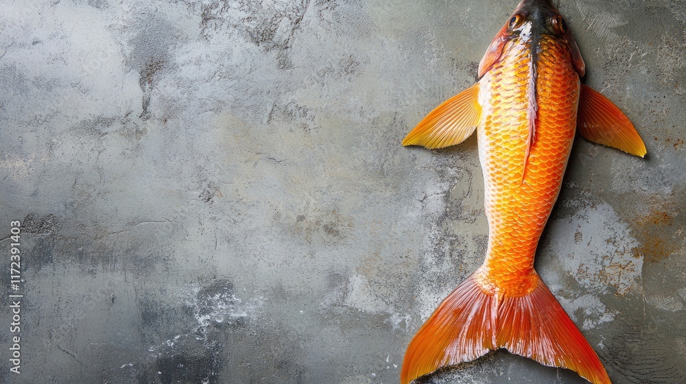 Poster Overhead view of a fresh fish tail on a textured surface with ample copy space for food-related designs or promotions