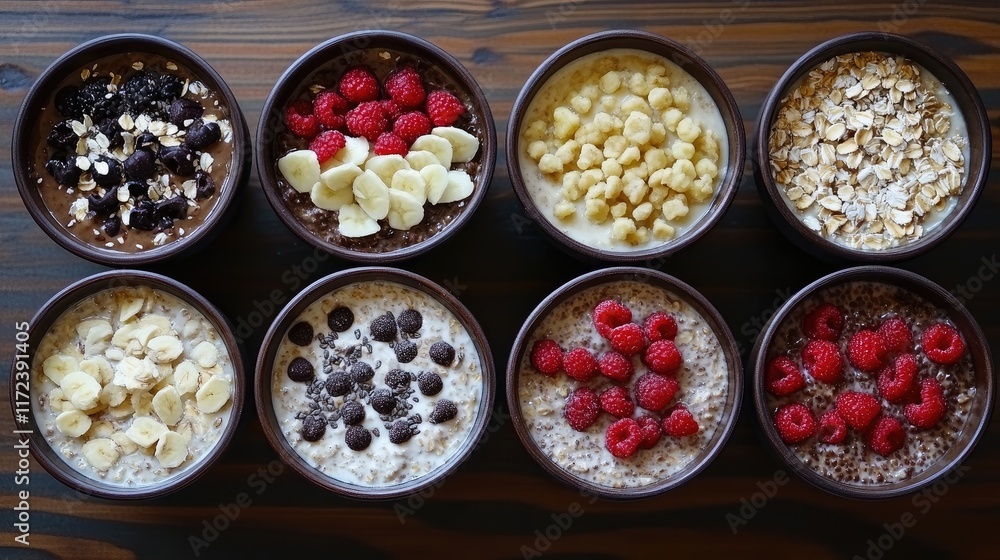 Aufkleber assorted bowls of overnight oats with fresh fruits and toppings for a nutritious fitness breakfast o