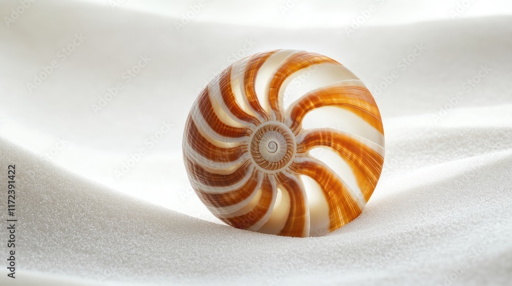 Poster nautilus shell on white sandy beach with gentle waves in soft focus creating a serene coastal atmosp