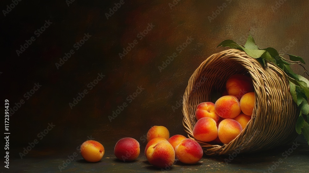 Aufkleber Overturned wicker basket with scattered nectarines on a dark textured background creating a rustic and abundant fruit scene