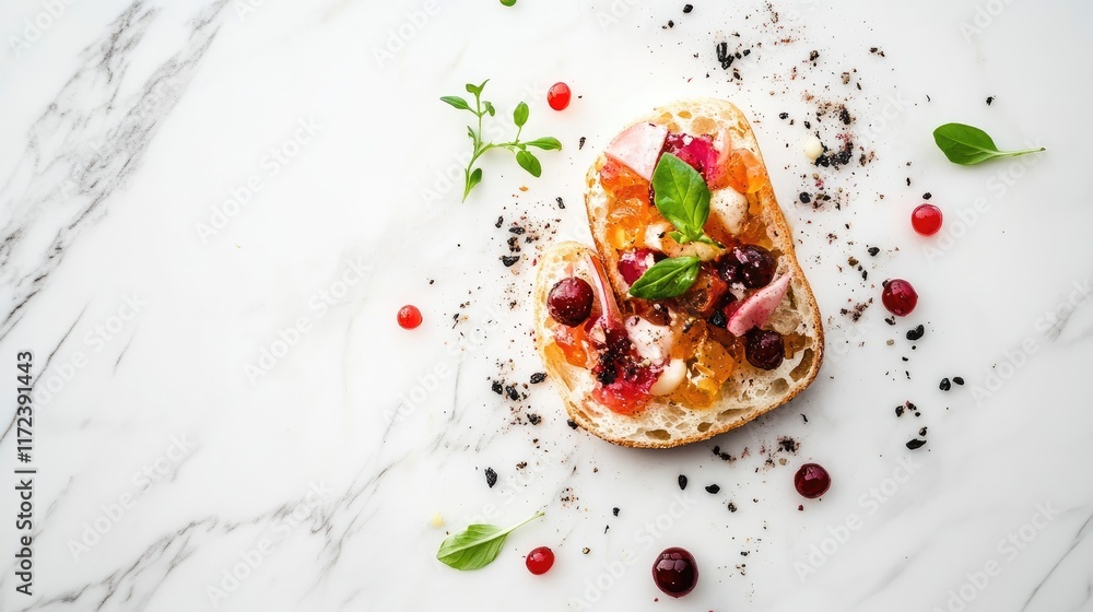 Poster delicious appetizer flat lay featuring colorful toppings on rustic bread garnished with fresh herbs 