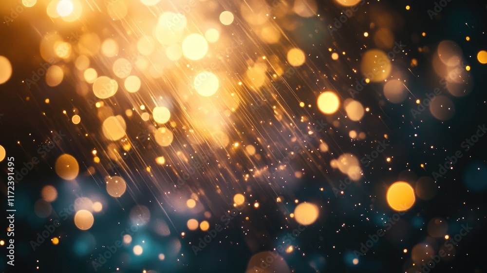 Poster golden lens flare and bokeh light effects create dynamic overlays for artistic designs on a rich bla