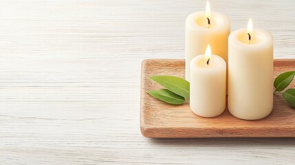 Softly Glowing White Candles on Wooden Tray with Green Leaves for Relaxation and Serenity in Home Decor Settings