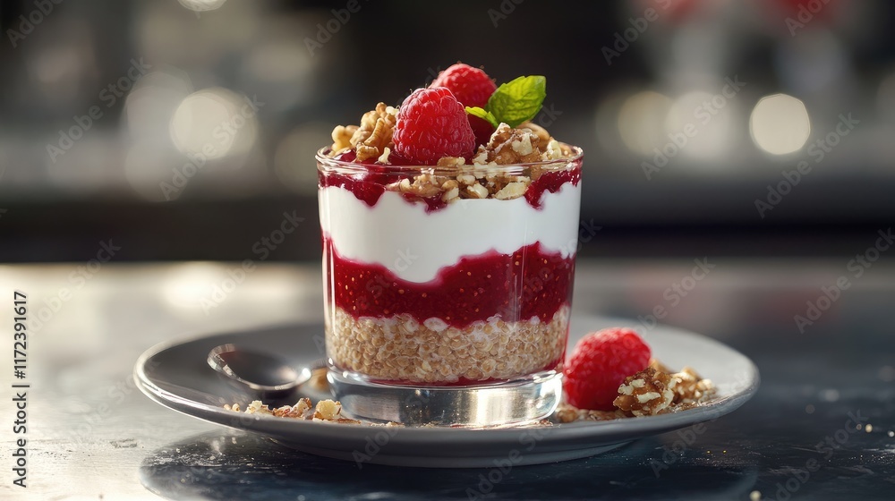 Poster Chia seed pudding layered with walnut yogurt and raspberry sauce garnished with fresh raspberries in a glass on a reflective surface
