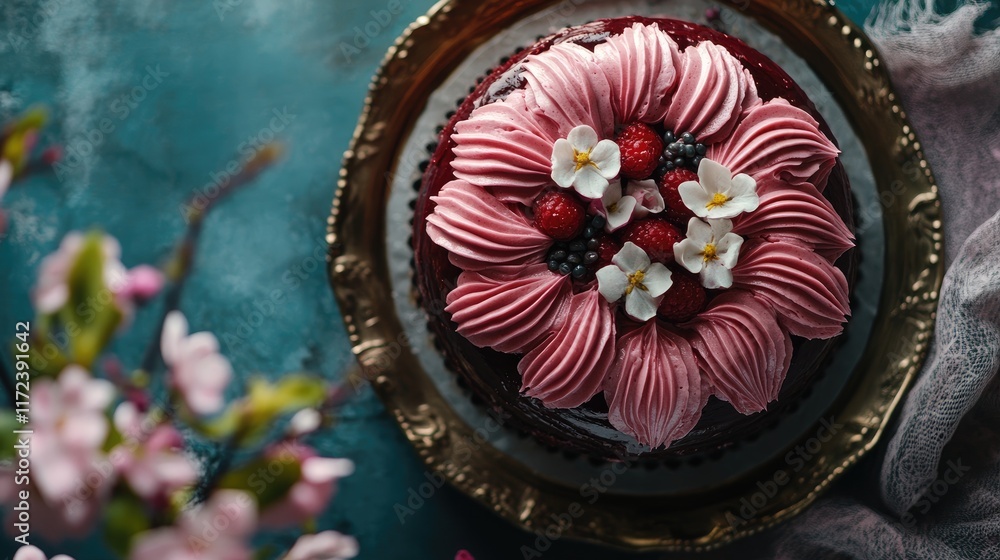 Poster overhead view of an elegant cake adorned with pink frosting and fresh berries on a decorative plate