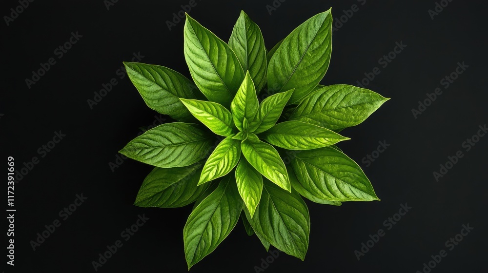 Poster vibrant overhead view of lush green leaves displaying natural patterns and textures on a dark backgr