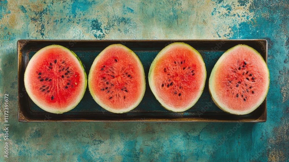 Poster overhead view of fresh watermelon slices arranged beautifully in a rustic tray on a textured backgro