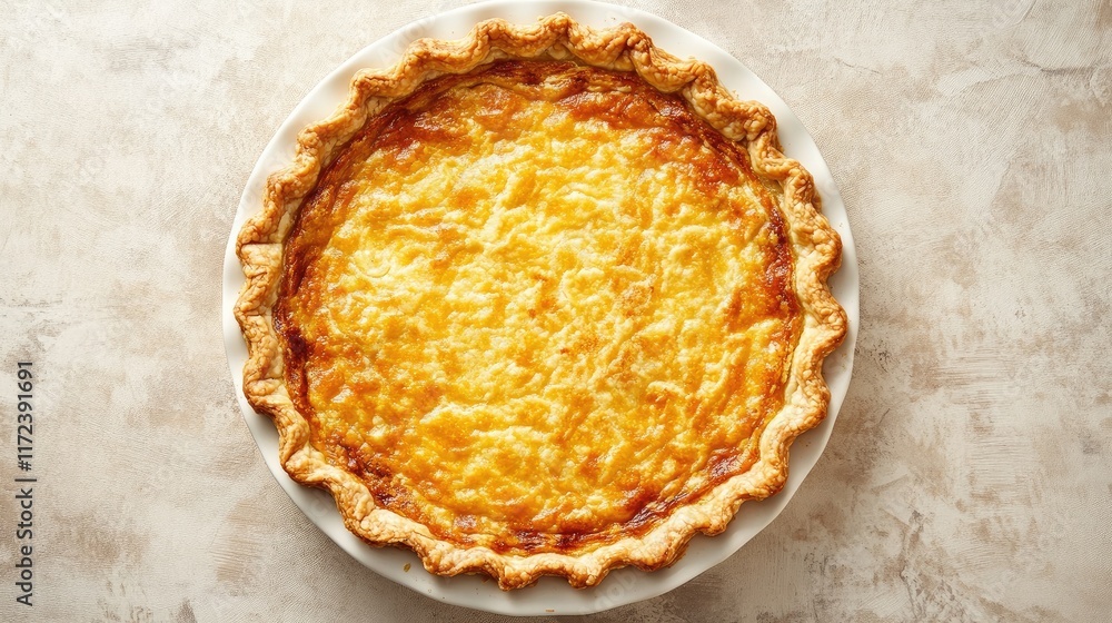 Poster Overhead view of a perfectly baked golden pie with a flaky crust on a neutral textured background