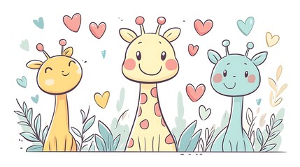 A happy giraffe with big round eyes, surrounded by pastel hearts gently floating above, clean white background, hand-drawn minimalistic style, soft pastel colors, hd quality, kawaii-inspired design,