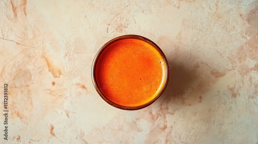 Poster overhead view of vibrant paprika powder in a rustic bowl against a textured background for culinary 