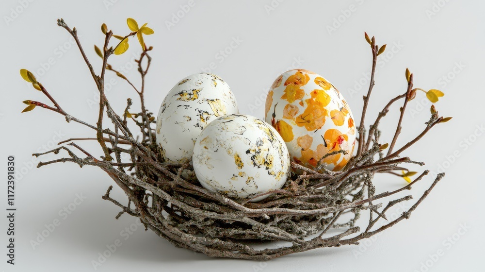 Poster nest with decorative easter eggs surrounded by branches on a soft neutral background for festive spr