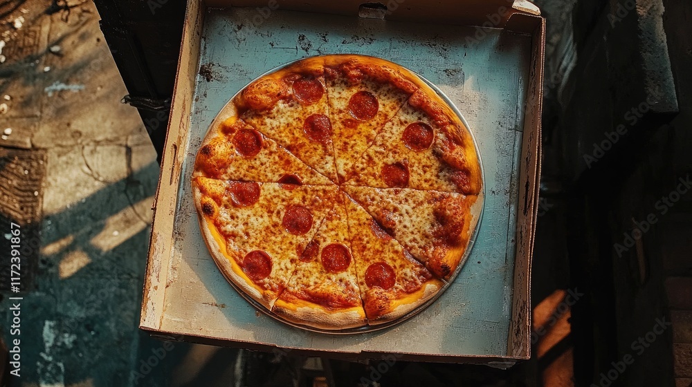 Aufkleber Overhead view of a freshly baked pizza with pepperoni in an open pizza box on a rustic surface