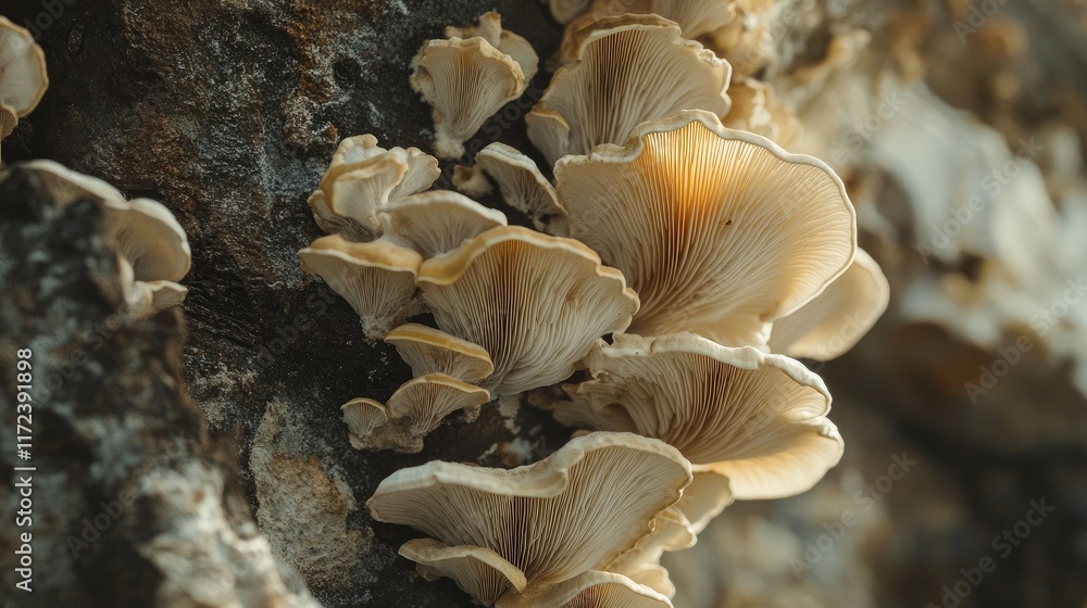 Poster close up of oyster mushrooms growing on a tree trunk with a softly blurred background showcasing nat