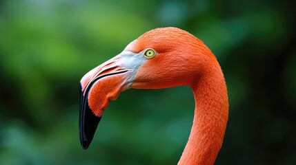 Elegant pink flamingo portrait showcasing vibrant plumage in lush natural habitat. Perfect for wildlife and nature-themed projects.