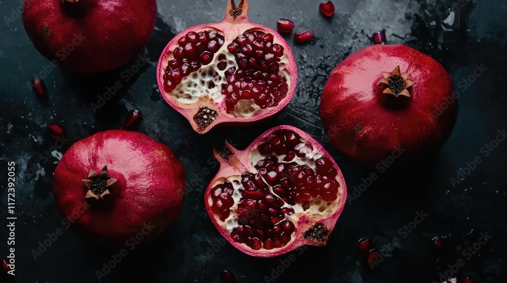 Poster overhead view of fresh ripe pomegranates with one cut open revealing juicy seeds on a dark backgroun