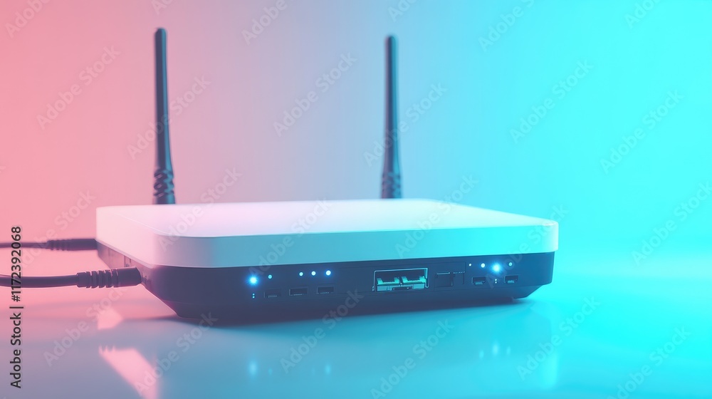 Poster modern wireless router with led indicators and connected cables against a colorful gradient backgrou
