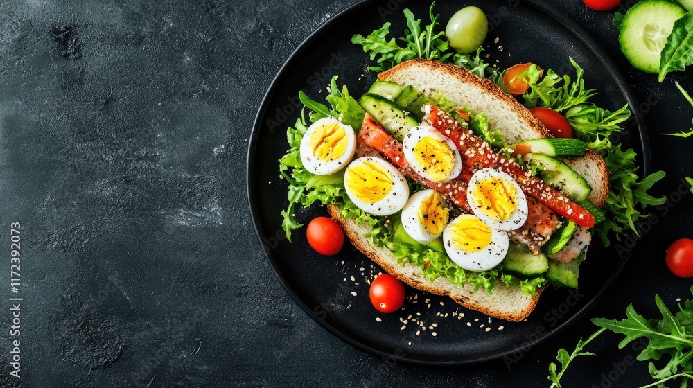 Poster fresh and colorful fish sandwich topped with boiled quail eggs and vibrant vegetables on a dark plat
