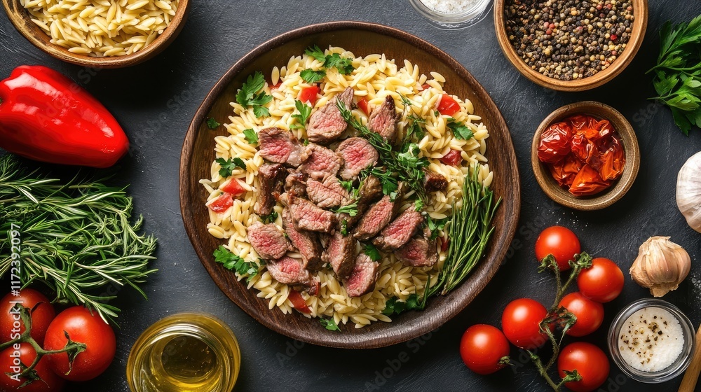 Poster overhead view of lamb orzo dish surrounded by fresh ingredients and herbs on a rustic table setting