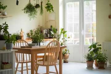 Fototapeta premium The interior of a white kitchen with a metal staircase in a cottage with potted plants in hanging planters. Green house in a modern style 