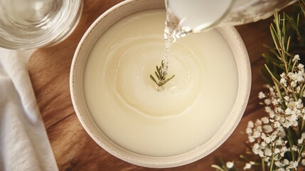 Overhead view of creamy bisque in a bowl with water being poured into a glass surrounded by herbs and flowers