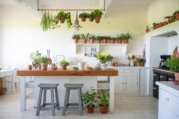 The interior of a white kitchen with a metal staircase in a cottage with potted plants in hanging planters. Green house in a modern style

