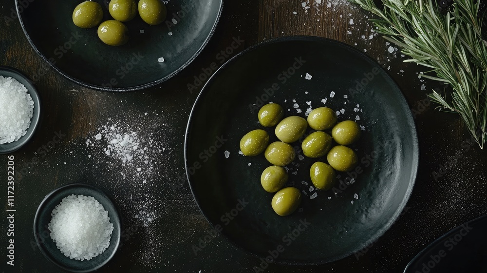 Poster Overhead view of green olives sprinkled with salt on dark plates set on a rustic wooden table with fresh herbs