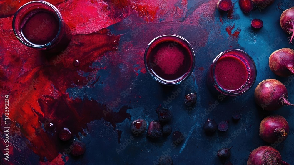 Poster beetroot juice and fresh beetroots arranged artfully on a colorful table background highlighting vib