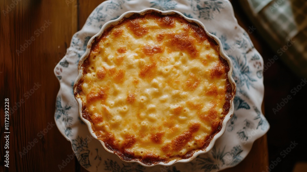 Poster overhead view of golden baked macaroni and cheese in a decorative dish on a rustic wooden table