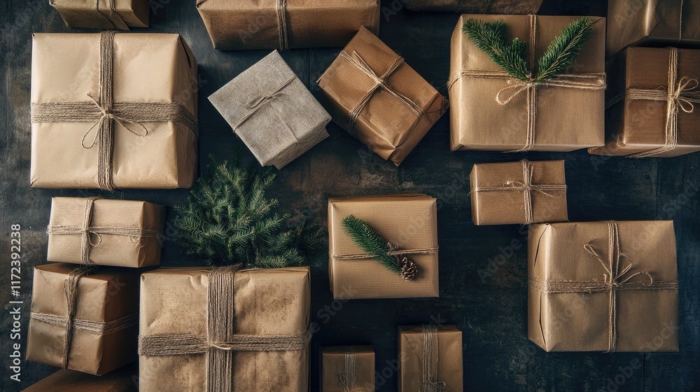 Poster overhead view of beautifully wrapped gift boxes with twine and greenery on a rustic wooden backgroun