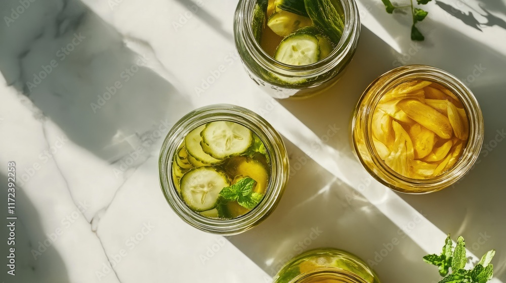 Poster overhead shot of assorted pickled vegetables in glass jars arranged on a light marble surface with n