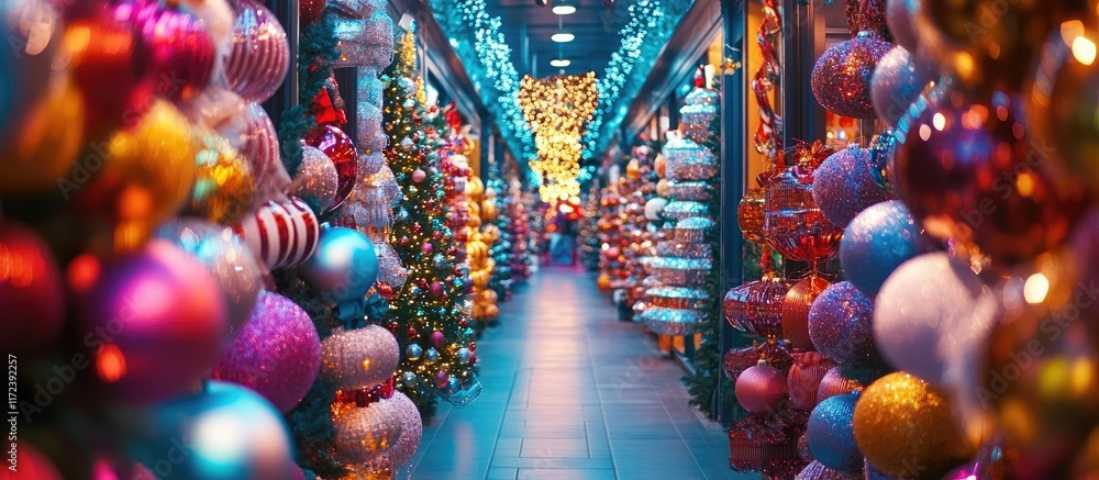 Aufkleber enchanting holiday corridor filled with colorful decorations and festive trees creating a magical ch