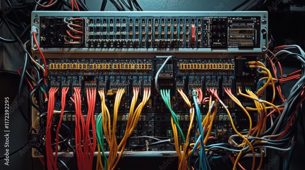 Poster network cables wired to switch and patch panel symbolizing global communication infrastructure and c
