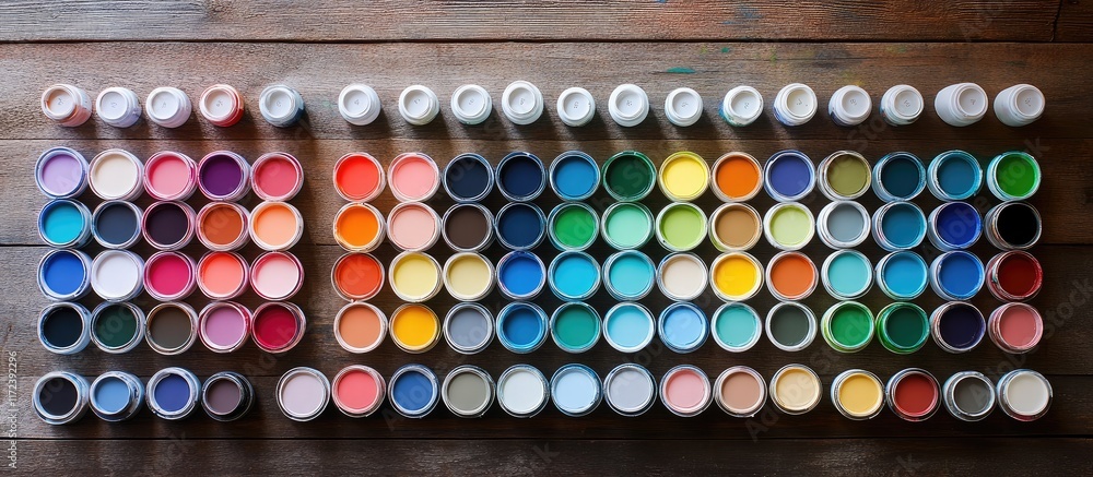 Poster Artistic tools and vibrant color swatches neatly arranged on rustic wooden table ideal for artists and creative DIY projects