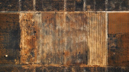 A textured, weathered surface displaying rust and wear, creating an abstract pattern of lines and colors.