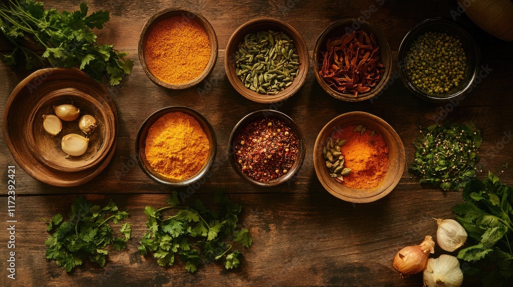 Poster overhead view of vibrant spices and fresh vegetables arranged on a rustic wooden table for culinary 