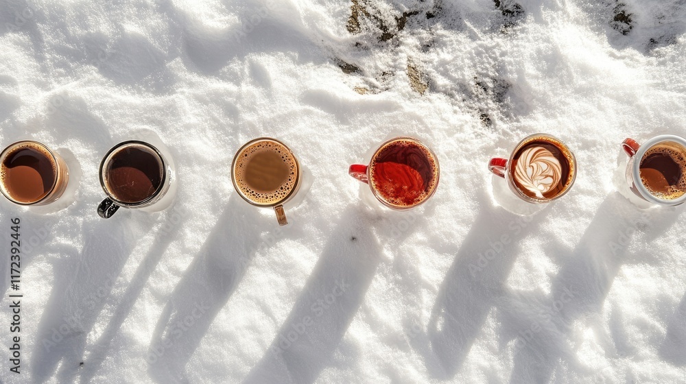 Poster overhead view of various hot chocolates in colorful mugs arranged on fresh snow showcasing winter wa